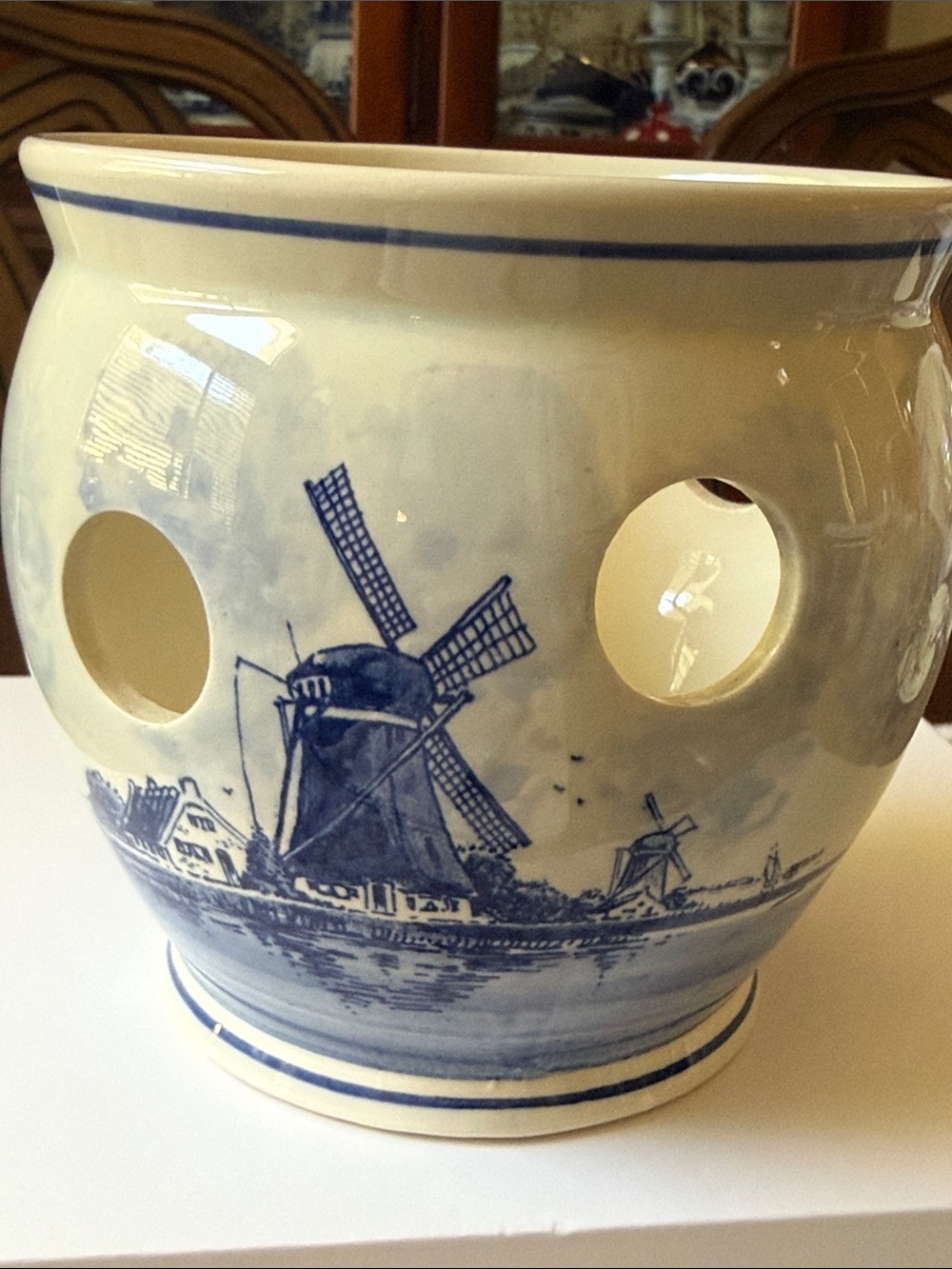 Delft Blue ceramic windmills sailboat Dutch crocus flower planter candle holder